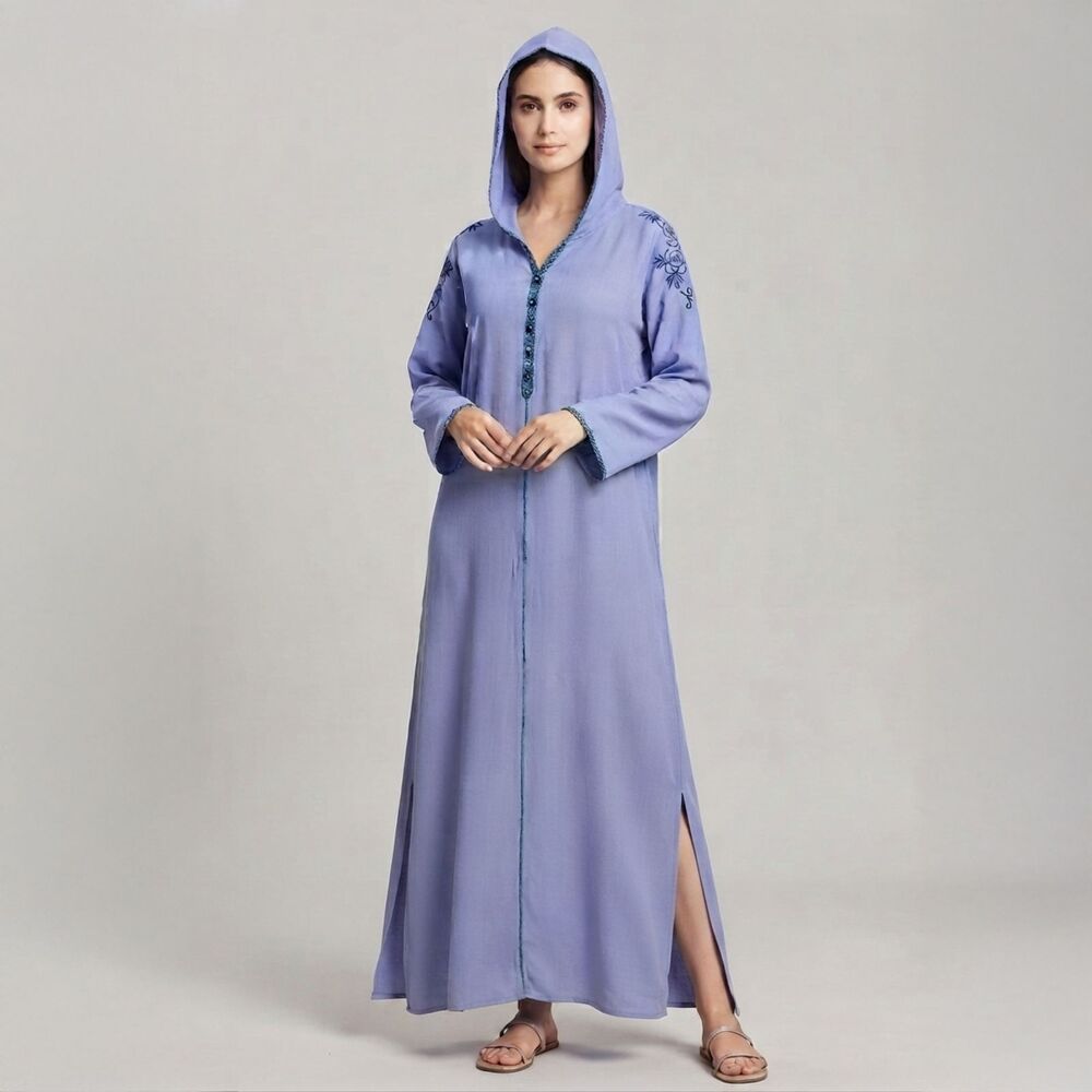 Diamantine Blue Hooded Embroidered Moroccan Djellaba Kaftan Dress XXL